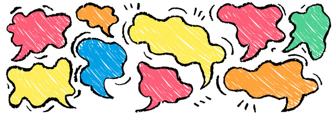Speech Balloon Crayons. Hand Drawn Bubbles, Heart, Cloud, Splash Textured Elements. Text Frame Box Drawn by Crayon. Chalk Dialog Vector Illustration. Abstract Business Media Concept. Chalkboard Set.