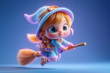 Whimsical Character Dressed in Colorful Costume Flying on a Stick