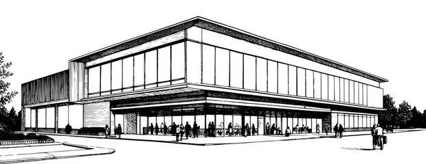 Modern commercial building in a black and white architectural line drawing style