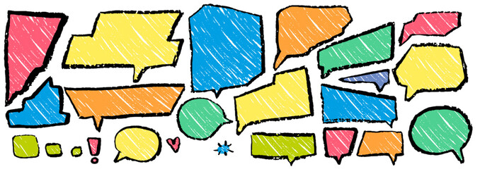 Speech Balloon Crayons. Hand Drawn Bubbles, Heart, Cloud, Splash Textured Elements. Text Frame Box Drawn by Crayon. Chalk Dialog Vector Illustration. Abstract Business Media Concept. Chalkboard Set.