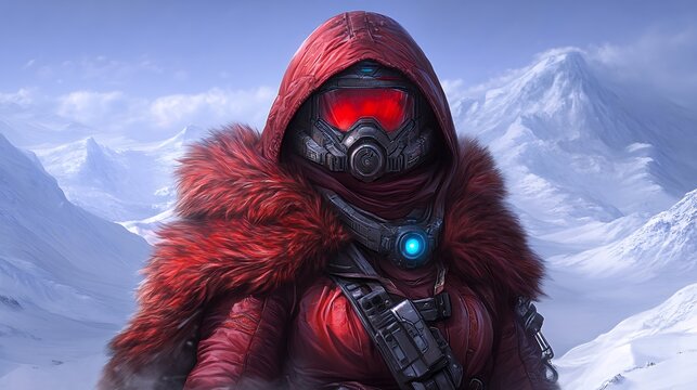 Female Figure in Red Hooded Cloak Amidst Snowy Mountains - Powered by Adobe