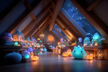 Whimsical Fantasy Room Filled With Softly Glowing Creatures And Lanterns In An Attic