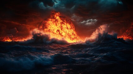 Fototapeta premium Fiery Explosion Over Stormy Sea at Night