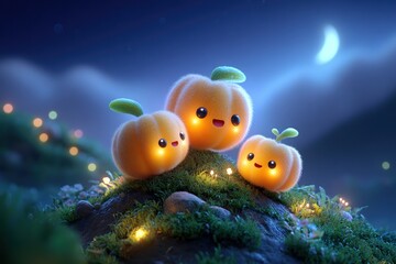 Whimsical Glowing Pumpkin Characters On A Hillside Under Night Sky