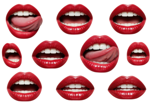 Multiple female red lips, matte and glossy, various sensual poses, white teeth, tongue, isolated on transparent studio background, extreme macro, hyper-realistic, high-end beauty advertising