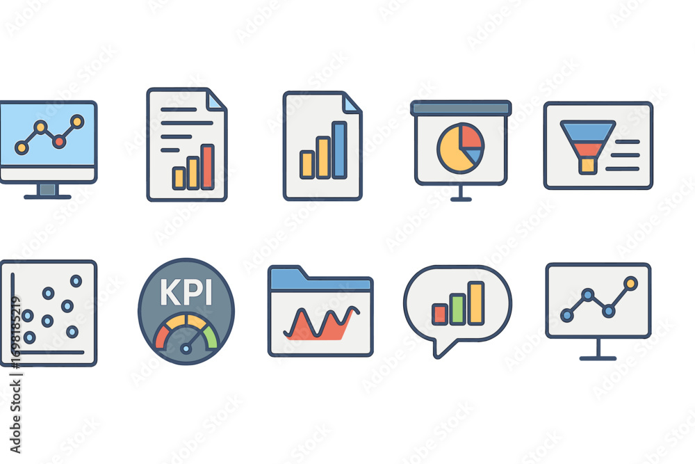 Poster business and data analysis icon set. charts, graphs, kpis linear style collection