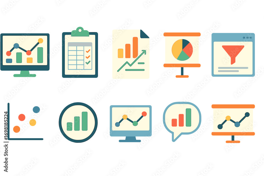 Poster data analysis flat icon set includes charts, graphs, analytics essential tools