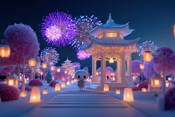 Whimsical Scene Of Lanterns And Cherry Blossom Trees Under Fireworks At Night