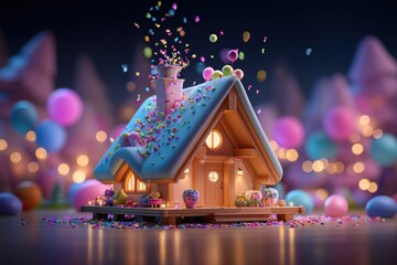 Whimsical Sweet Cottage Surrounded By Colorful Balloons And Confetti At Night