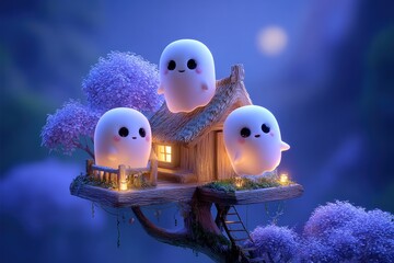 Whimsical Spirits Encircling a Magical House Under a Starry Night Sky