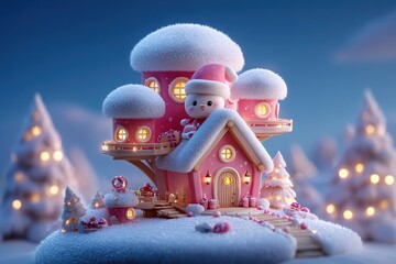 Whimsical Snow-Covered Pink House With Santa Figurine Surrounded By Winter Trees
