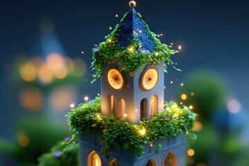Whimsical Tower with Clock Surrounded by Lush Greenery and Soft Glowing Lights at Dusk