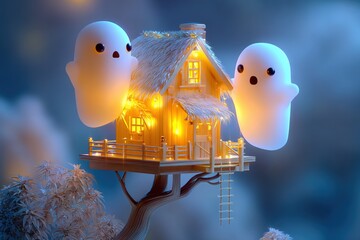 Whimsical Treehouse Illuminated at Night Surrounded by Playful Spectral Figures in a Dreamlike Atmosphere