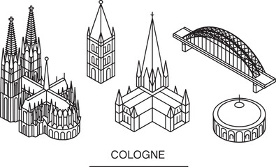 Cologne Cityscape Vector Outline Illustration with Cathedral, Tower, and Bridge Landmarks © lok0077