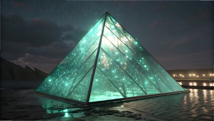 Glowing emerald glass pyramid structure at night with starry sky full hd 4k stock image download green