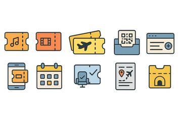 Ticket booking flat icon set for travel and entertainment in outline style