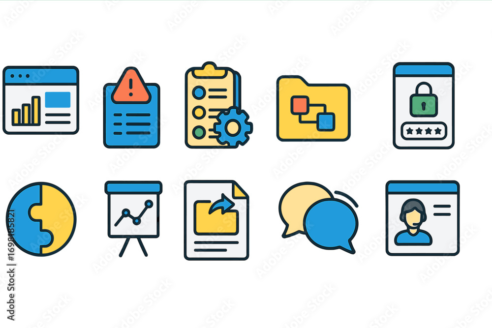 Poster office and productivity outline icon set. business, workflow symbols collection