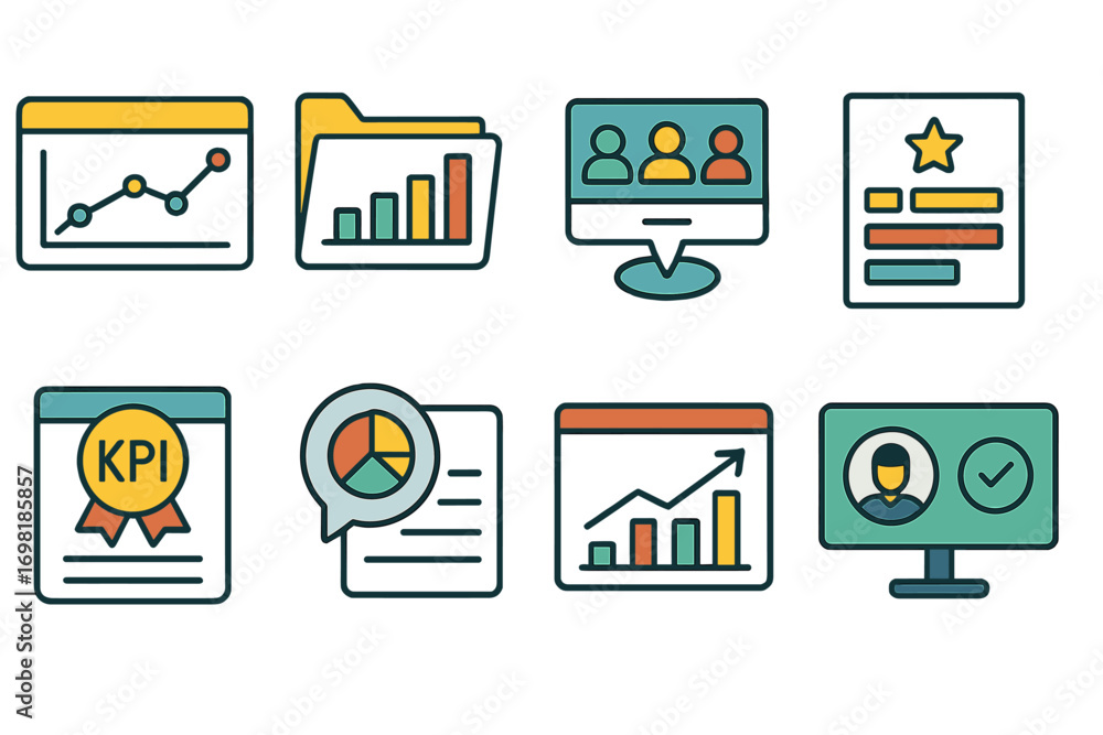 Poster business analytics linear icon set: data, chart visuals and report graphics collection