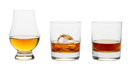 Three glasses of whiskey isolated on transparent background