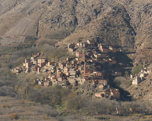 View of part of The Village of Imlil built into The Atlas Mountains, Morocco