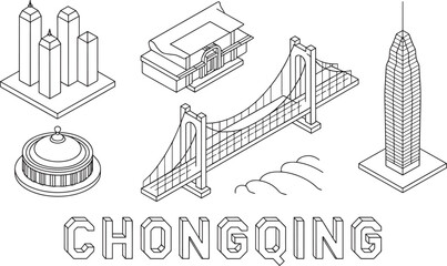 Fototapeta premium Isometric Chongqing Skyline Vector Illustration with City Landmarks and Typography Design