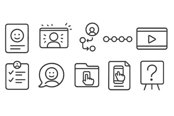 Outline communication and profile icons set. User profile, chat bubble, video player, flow diagram icon. Vector icons.