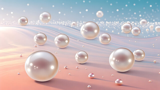 Large and small iridescent pearls scattered across a soft pink and blue gradient full hd 4k stock image download background with subtle wavy textures
