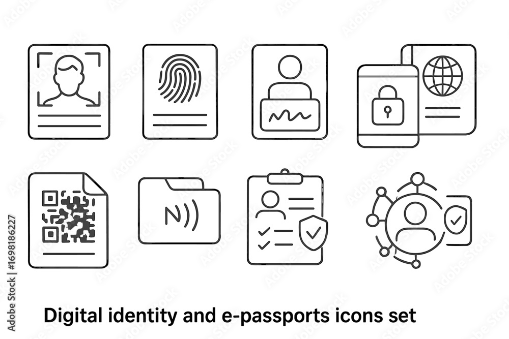 Poster digital identity and e-passports icon set. flat style identity, security icons collection