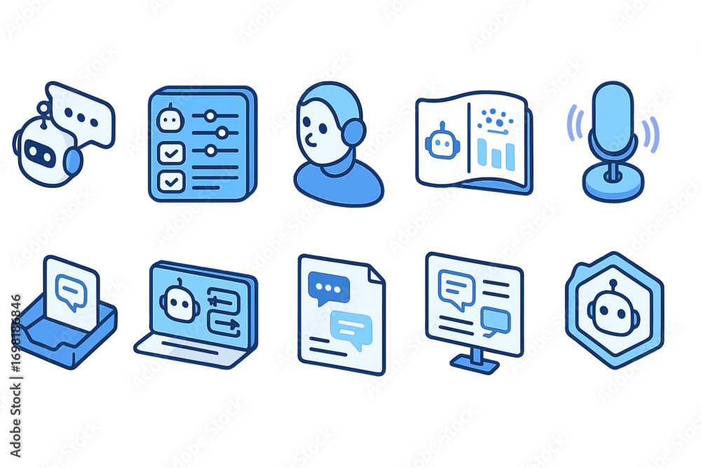 Poster chatbot and ai communication icon set. outline style for digital interactions.