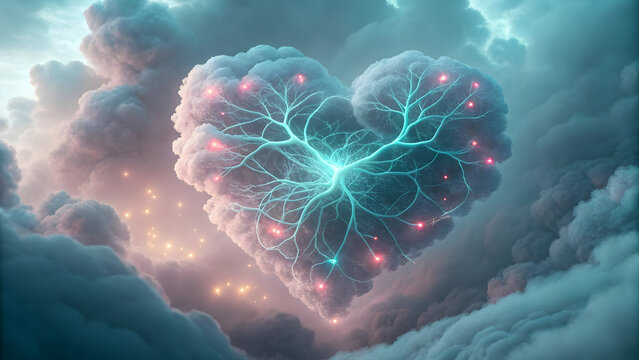 Glowing neural network heart shaped cloud with pink and blue lights in dark sky full hd 4k stock image download