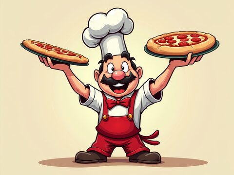 Whimsical cartoon pizza chef juggling two delicious pizzas in a fun environment