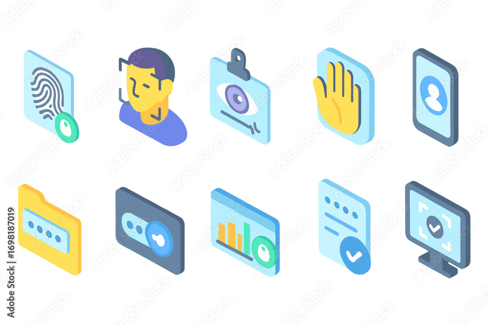 Aufkleber security and privacy icon set: glowing 3d icons for data protection and access control