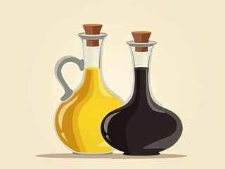 Elegant illustration of olive oil and balsamic vinegar in decorative bottles on a white background