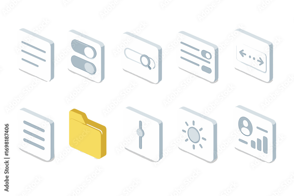 Poster user interface 3d icon set. navigation, settings, folder, and search icons in 3d