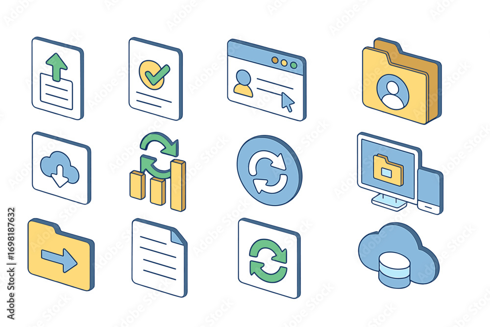 Poster business and communication icon set with isometric style for digital interaction