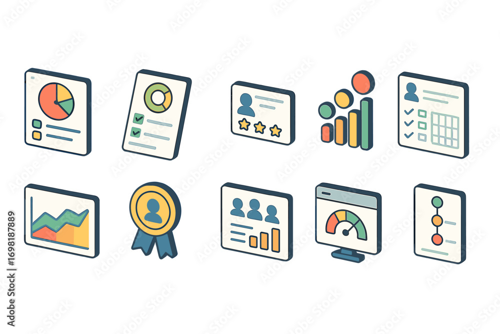 Poster analytics, data visualization 3d icon set. business, performance tracking icons collection