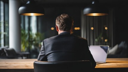 A man sits at a wooden desk in a modern office, facing a laptop in a dimly lit space with stylish pendant lights above.