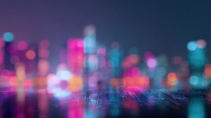 Abstract Digital Cityscape With Neon Lights And Circuit Board Overlay. Futuristic Urban Technology Concept