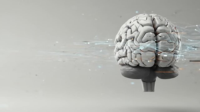 Stylized, white bionic brain with connecting, illuminated nodes, against light backdrop