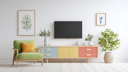 Modern Living Room Interior With Colorful Furniture And Plants. Stylish Home Decor With Vibrant Accents