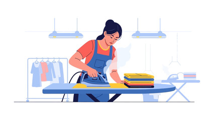 Obraz premium The Art of Perfect Pressing: A focused individual meticulously irons garments on a well-organized ironing board, surrounded by freshly laundered clothes and tools of her trade.