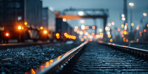 Railway tracks illuminated by lights at dusk near a freight yard with blurred cargo containers in the background