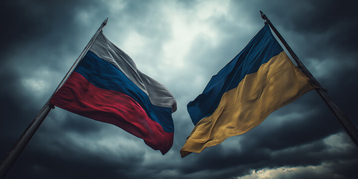 Conflict between russia and ukraine flags display dramatic cloudy sky political tension close-up view national identity