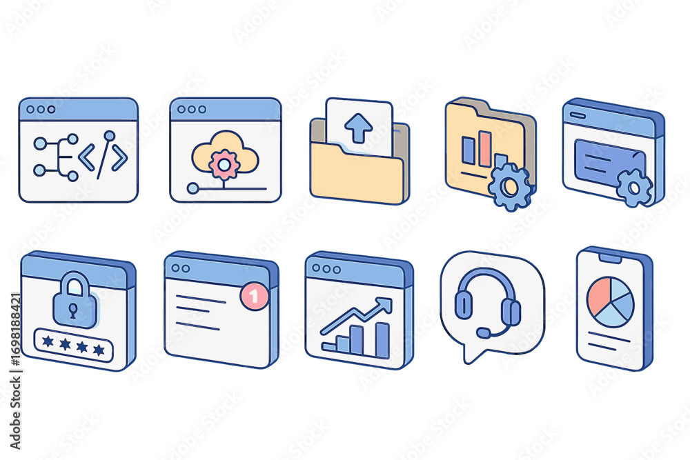 Poster web development 3d icon set. coding, security, analytics, cloud icons in 3d style