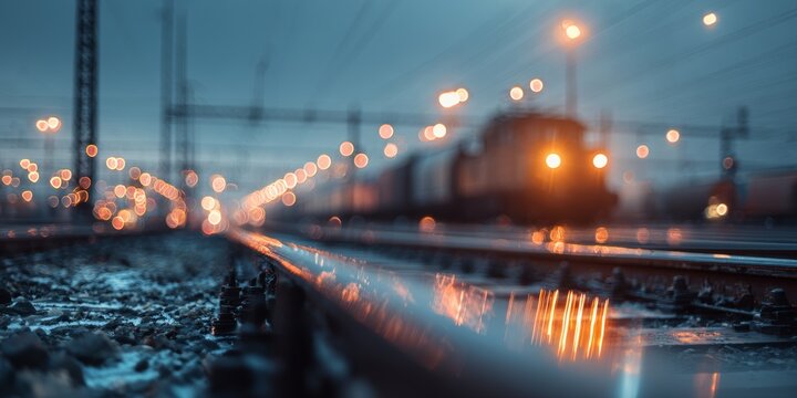 Evening train journey at a railway station with glowing lights reflecting on wet tracks