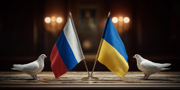 Peaceful dialogue between russia and ukraine historic setting symbolic imagery serene atmosphere balanced perspective