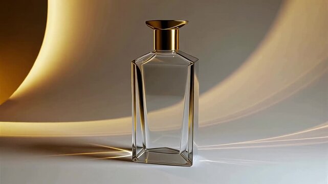 Elegant empty perfume glass bottle with golden cap on a reflective surface with soft light.
