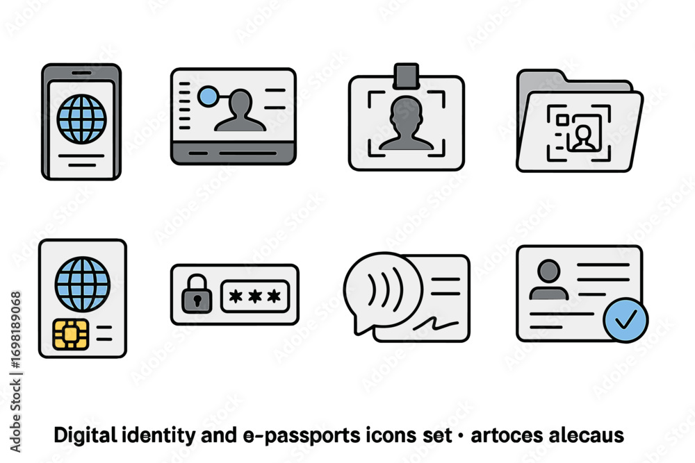 Poster digital identity and e-passports icon set. flat style verification and security icons