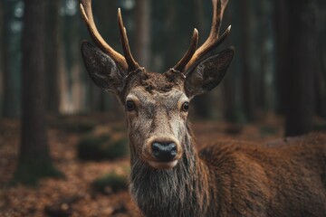 Majestic deer stands calmly in a serene forest setting during early dawn light