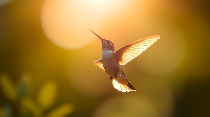 Sunlit Hummingbird in Mid-Flight with Golden Bokeh and Translucent Wings Illuminated by Warm Light